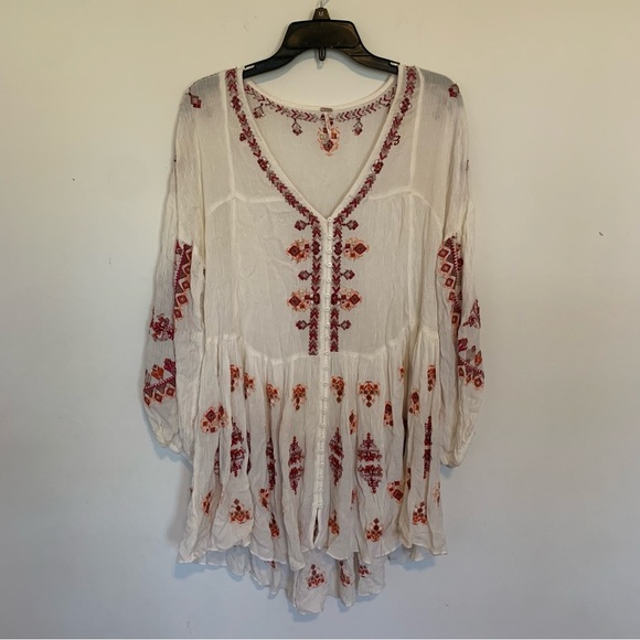 Free People Adrianna Embroidered White and Red Flowy High Low Tunic Medium - Picture 3 of 11